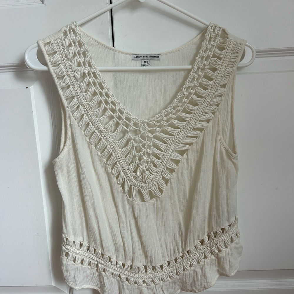 American Eagle Outfitters Cream Crochet-Detail Sleeveless Top